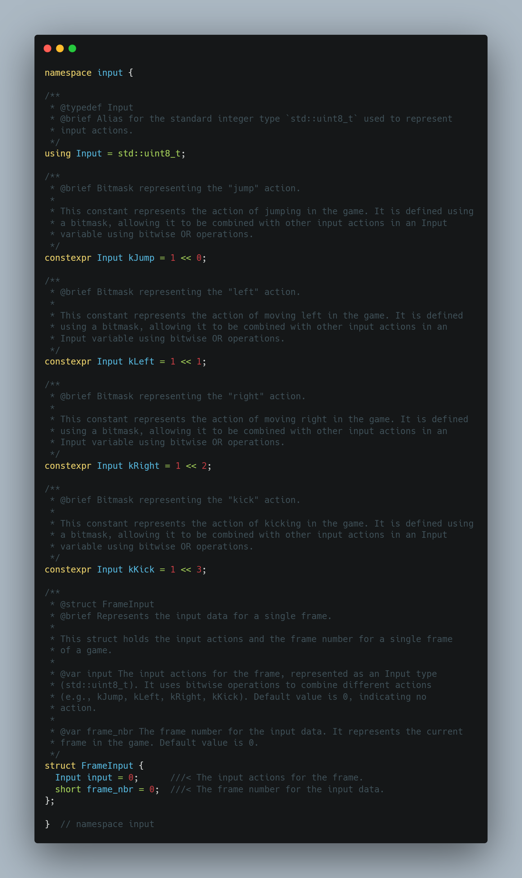 The input namespace with the Input system and the FrameInput struct